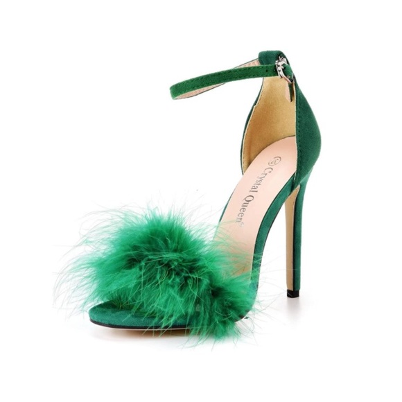 Green Fluffy Feather High Heels Strappy Sandal with Fur - Picture 2 of 7
